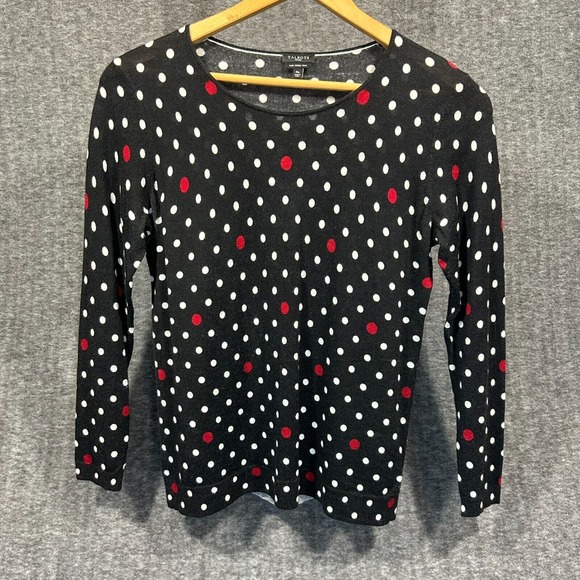 Talbots Merino Wool Sweater‎ Womens Medium Polka Dot Lightweight Black Classic - Picture 1 of 9